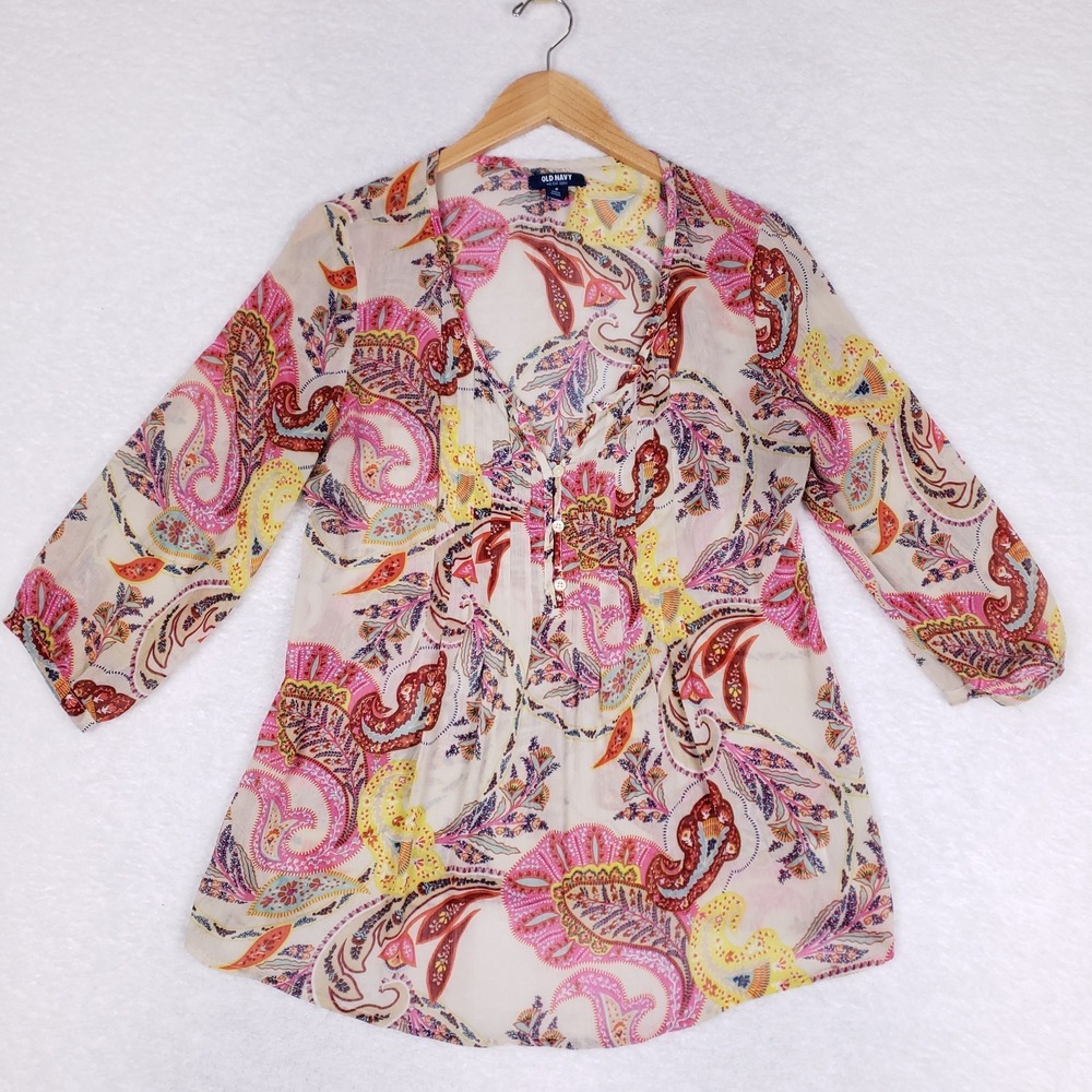 Old Navy Women's Blouse Medium Paisley Sheer Tunic Top Boho Festival‎ Wear